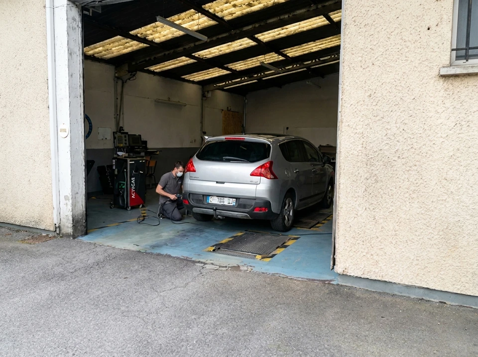 Technicien en combinaison grise et masque FFP2, agenouillé à l'arrière d'une Peugeot 3008 grise dans un garage de contrôle technique