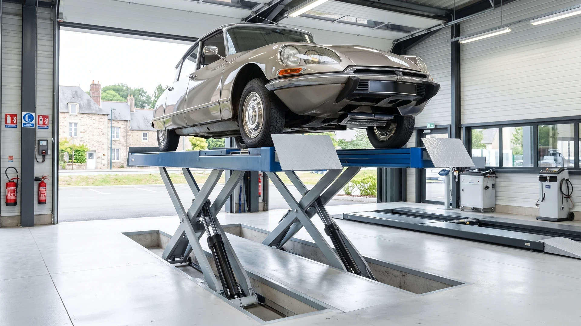 Photographie en couleur d'un technicien en uniforme gris du centre Sécuritest effectuant un contrôle technique complet d'un véhicule de collection (voiture ancienne de prestige des années 1960-1980 en excellent état). Le technicien utilise des équipements de diagnostic professionnels (pont élévateur, instruments de mesure). L'arrière-plan montre l'intérieur du centre de contrôle technique avec signalétique réglementaire visible. L'image doit transmettre professionnalisme, expertise et sérieux du contrôle technique spécialisé des véhicules de collection.