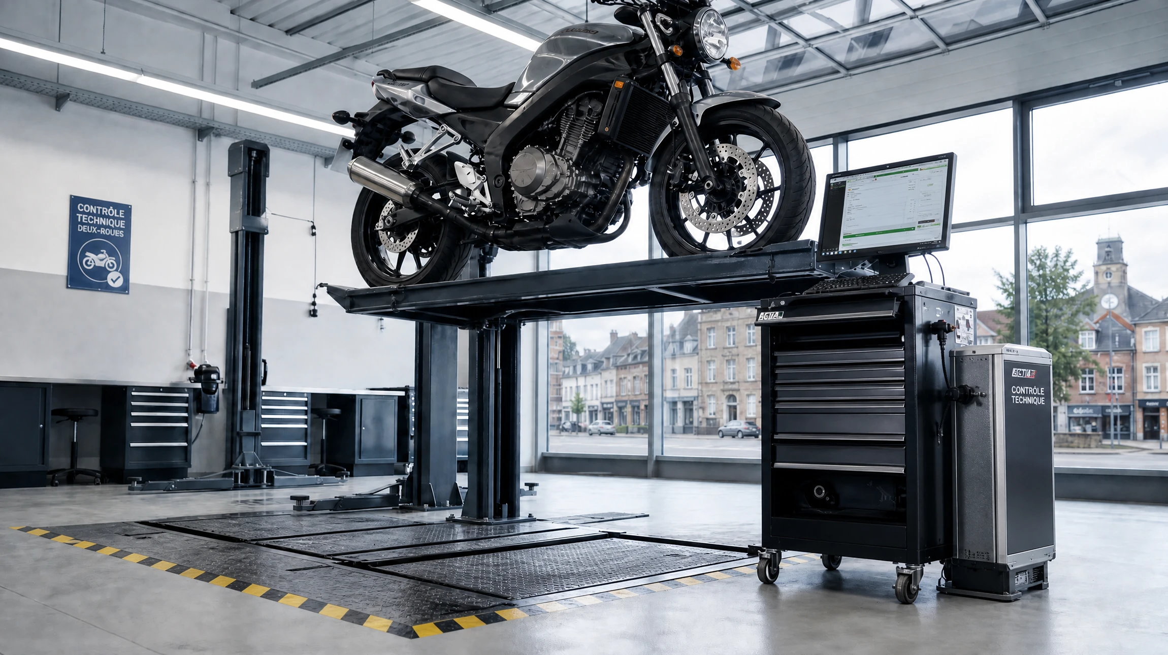 Technicien en tenue professionnelle inspectant une moto sportive noire surélevée sur un pont élévateur dans un centre de contrôle technique, vérifiant les feux arrière et l'éclairage réglementaire du deux-roues.