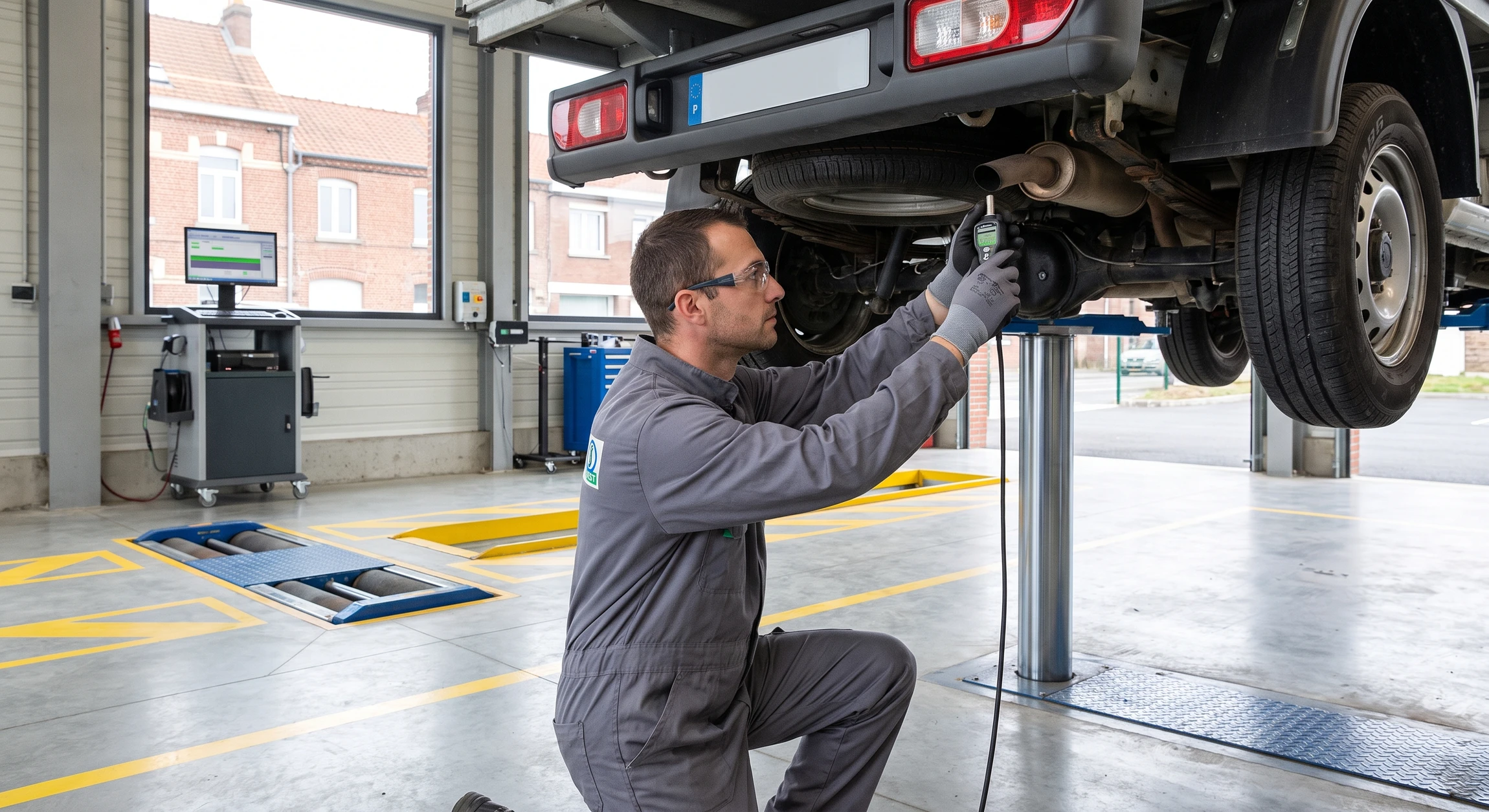 Technicien en combinaison grise et masque FFP2, agenouillé à l'arrière d'une Peugeot 3008 grise dans un garage de contrôle technique