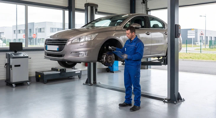 Technicien en combinaison grise et masque FFP2, agenouillé à l'arrière d'une Peugeot 3008 grise dans un garage de contrôle technique