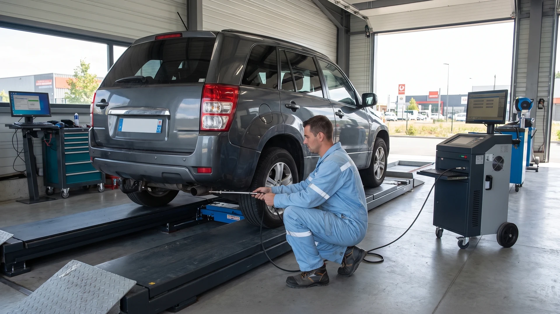 Technicien en combinaison de travail bleu ciel effectuant un contrôle antipollution sur un véhicule diesel surélevé en centre de contrôle technique, connectant un opacimètre au pot d'échappement, avec matériel de diagnostic professionnel visible en arrière-plan.