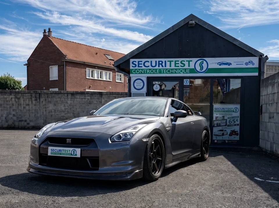 Technicien en combinaison grise et masque FFP2, agenouillé à l'arrière d'une Peugeot 3008 grise dans un garage de contrôle technique